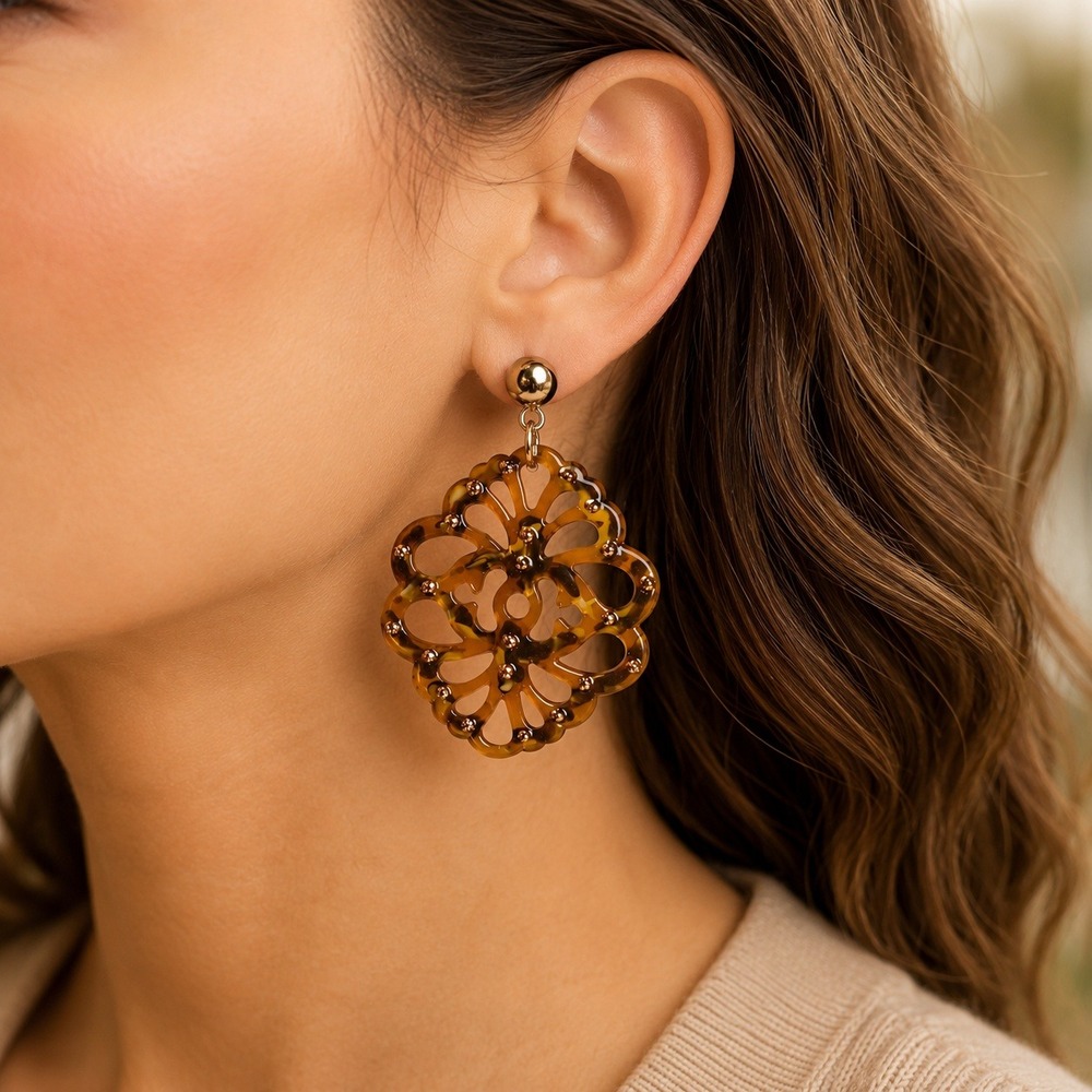 Vintage Tortoise Shell Resin Clip On Earrings Openwork Floral Plastic Dangle